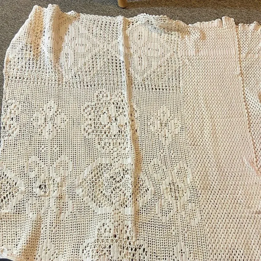 VTG,Specially Handmade By Joyce Cream Crochet Lace Fabric Size 86”X65” Approxi,!